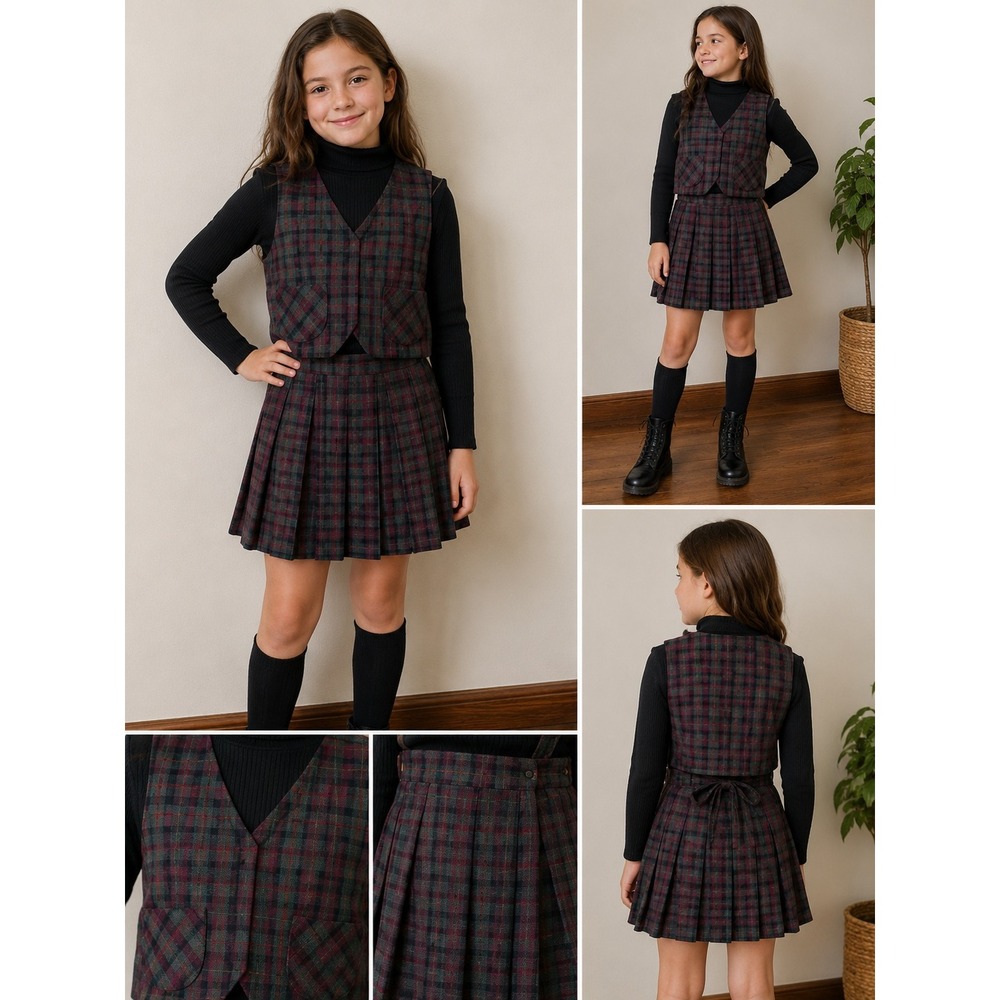 Vintage 1960s Handmade Girls Plaid Skirt Set with Suspenders and Vest Red Green